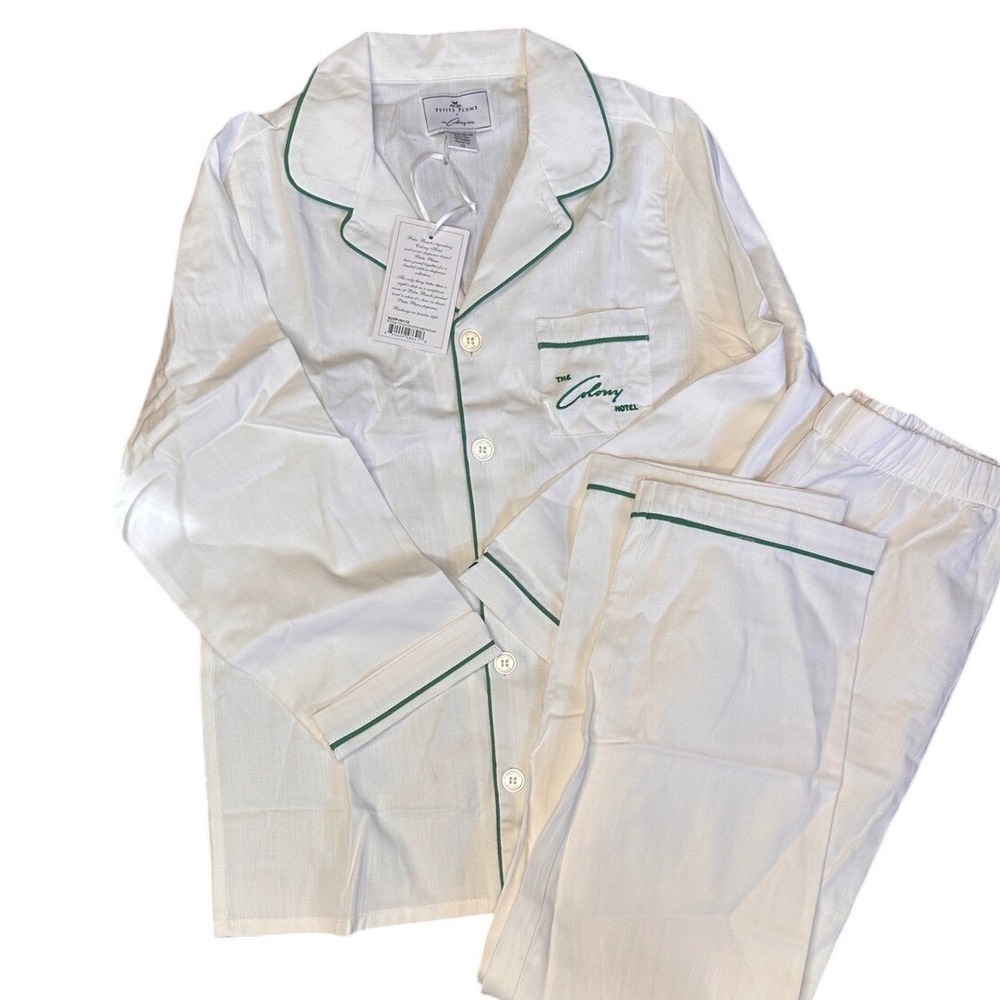 Petite Plume x The Colony Hotel Pajama Set White Green Piping Size 10 NEW